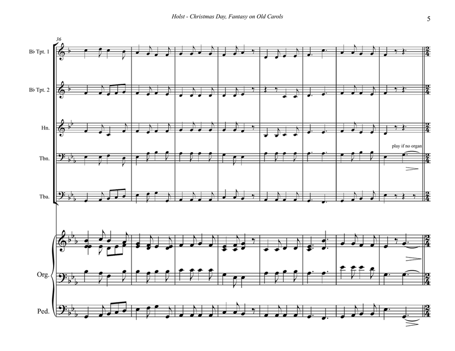 Holst - Christmas Day - Fantasy on Old Carols for Brass Quintet and Organ Organ scores gallery preview page 3