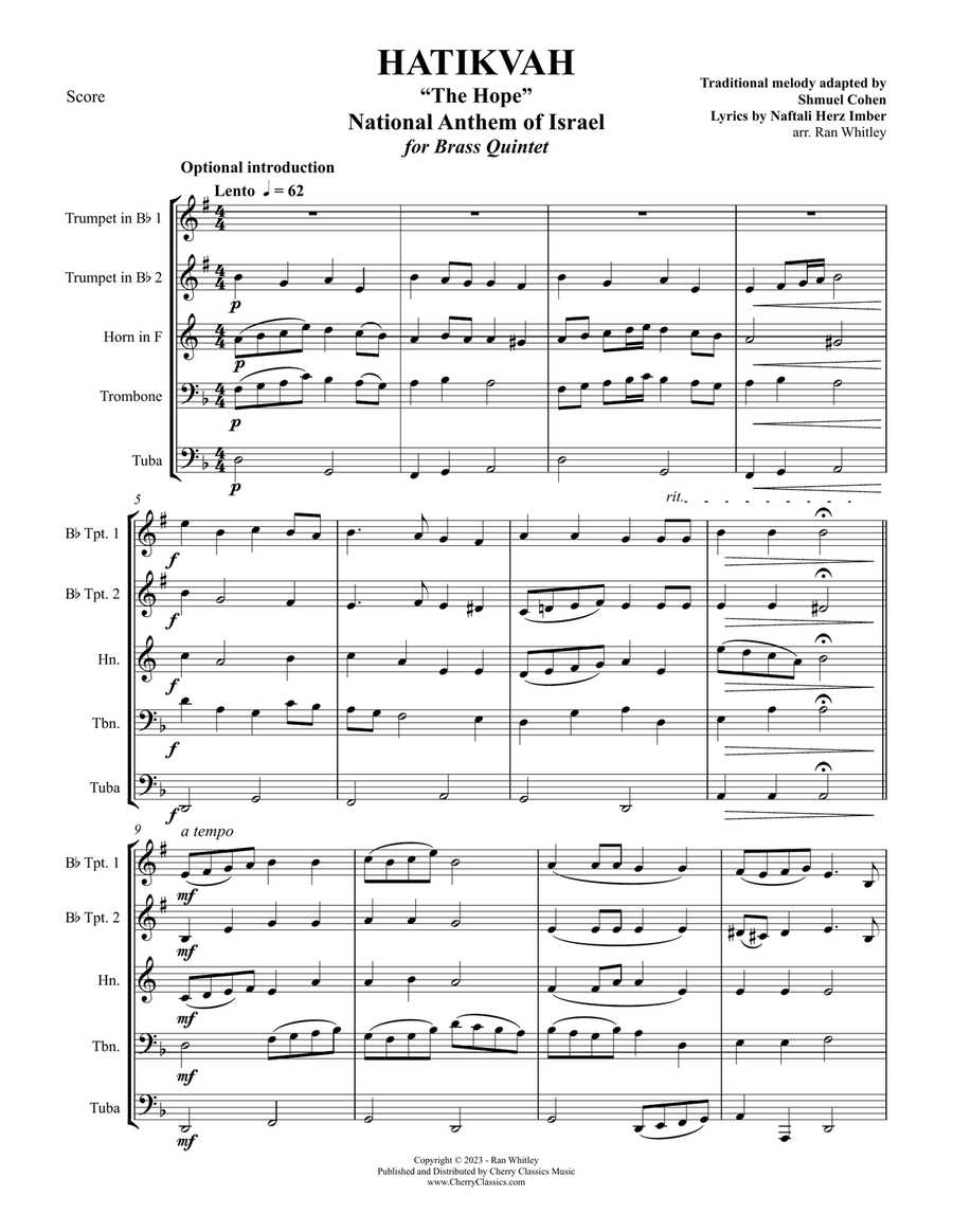 Traditional - Hatikvah the National Anthem of Israel for Brass Quintet Brass Quintet scores gallery preview page 4