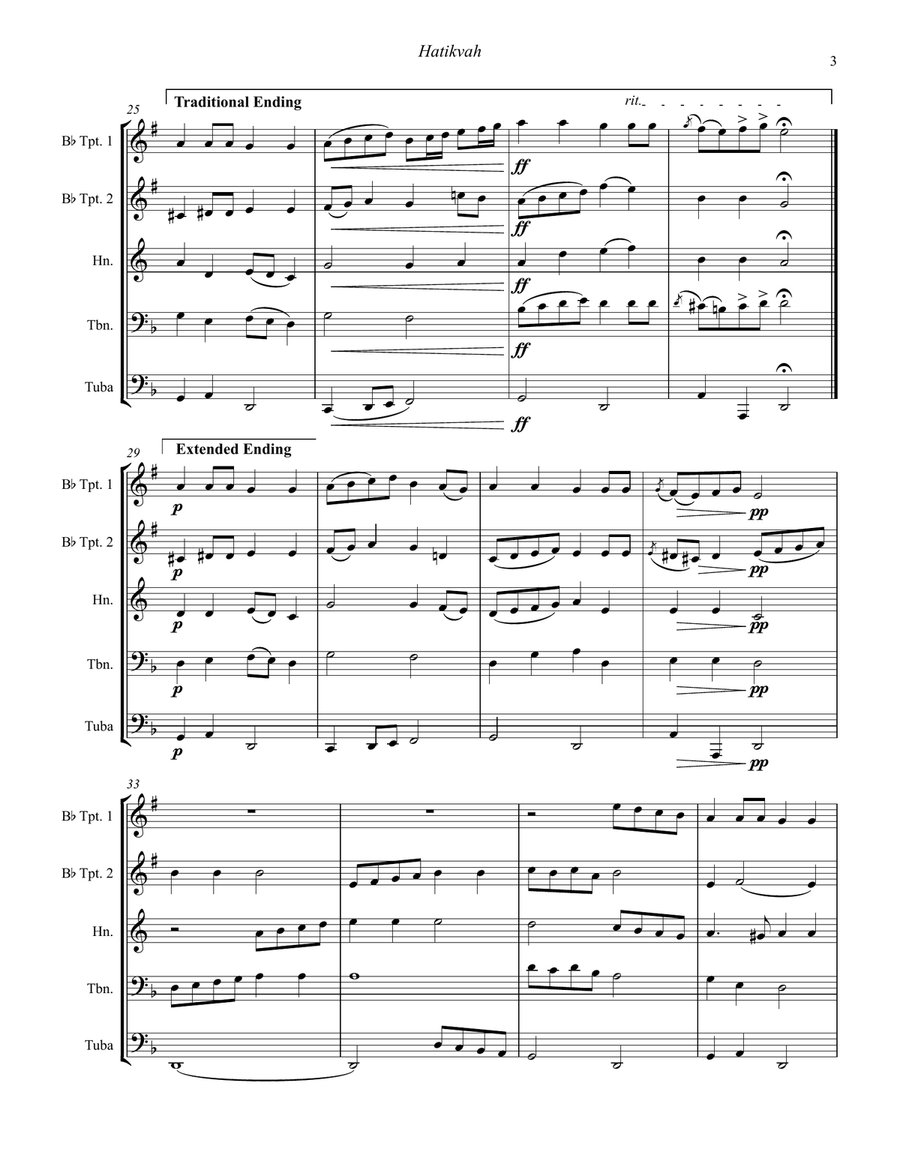 Traditional - Hatikvah the National Anthem of Israel for Brass Quintet Brass Quintet scores gallery preview page 5