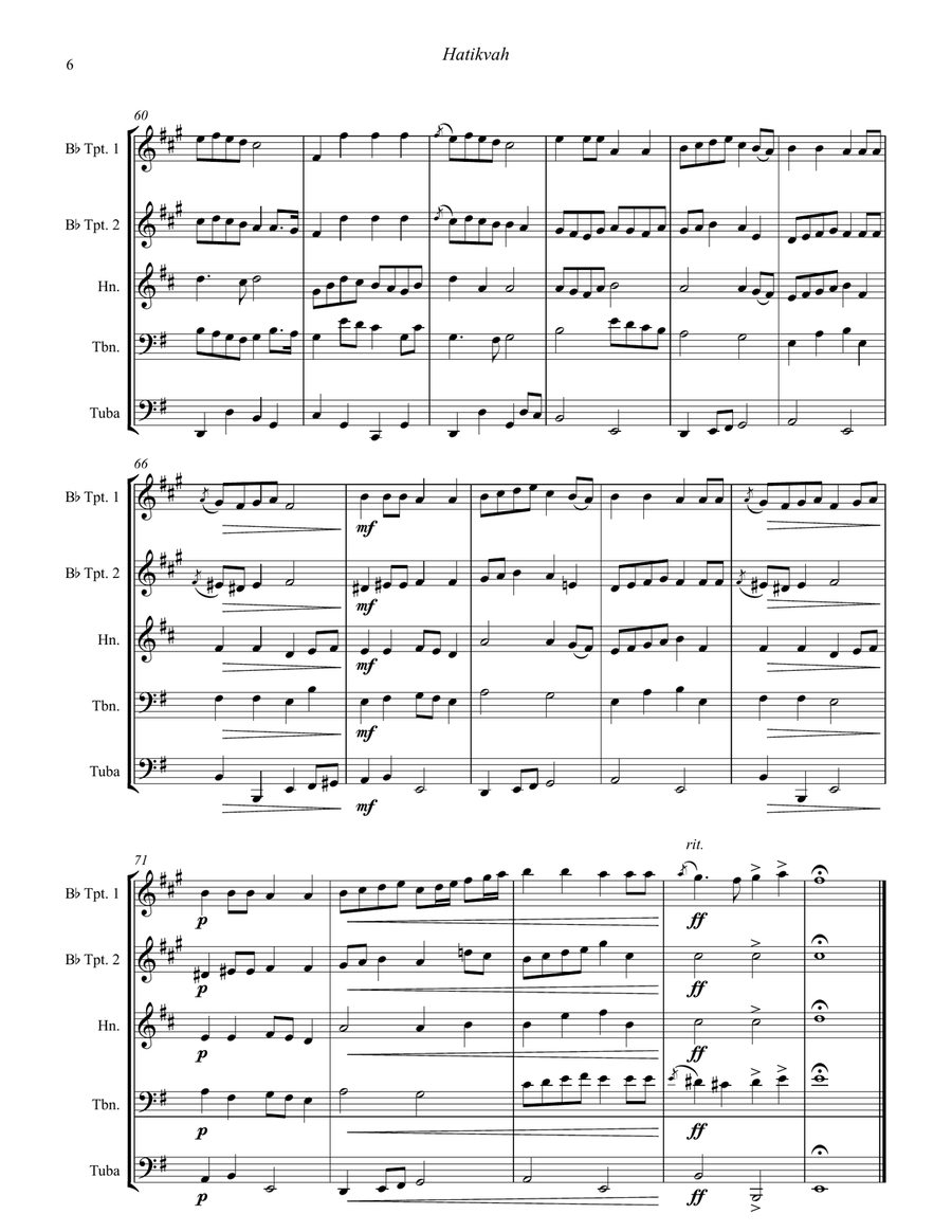 Traditional - Hatikvah the National Anthem of Israel for Brass Quintet Brass Quintet scores gallery preview page 6