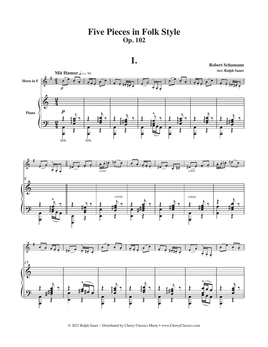 Five Pieces in Folk Style, Opus 102 for Horn and Piano Horn scores gallery preview page 2