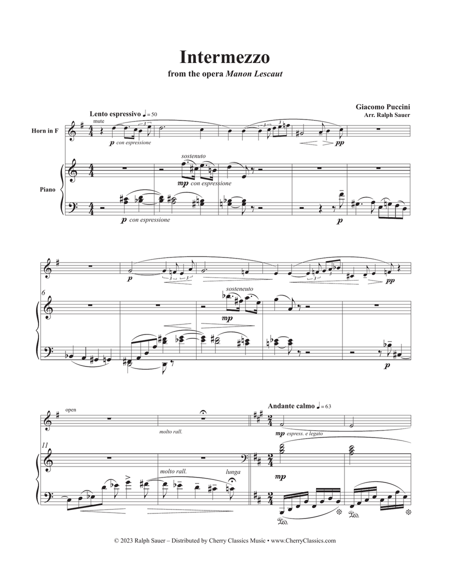 Intermezzo from Manon Lescaut for Horn and Piano Horn scores gallery preview page 2