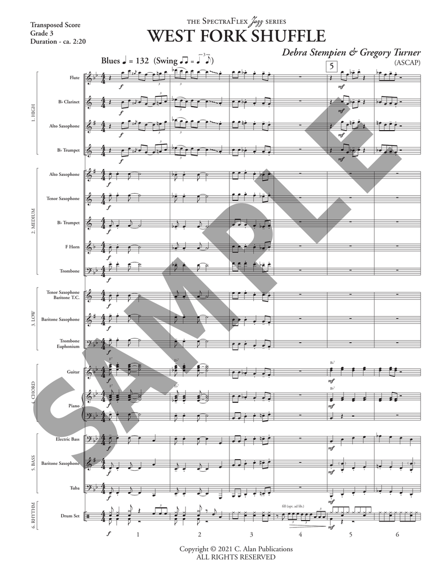 West Fork Shuffle (5-Part Flex) Jazz Ensemble scores gallery preview page 3