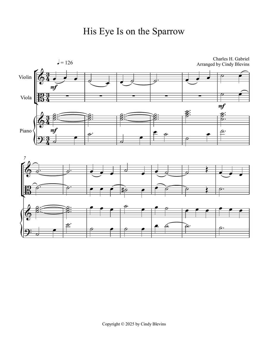 His Eye Is On the Sparrow, for Violin, Viola and Piano Violin scores gallery preview page 2