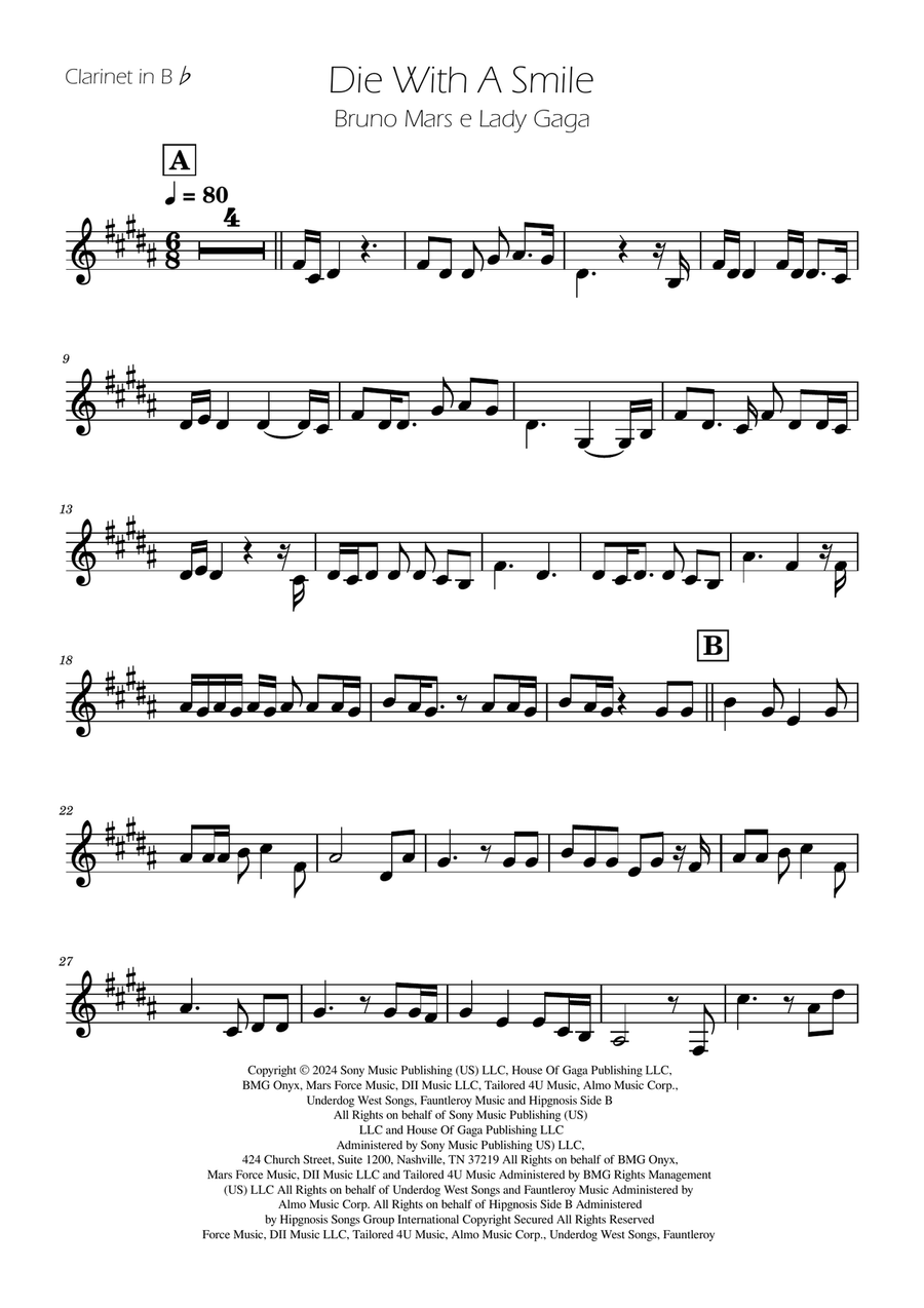 Die With A Smile B-Flat Clarinet scores gallery preview page 1