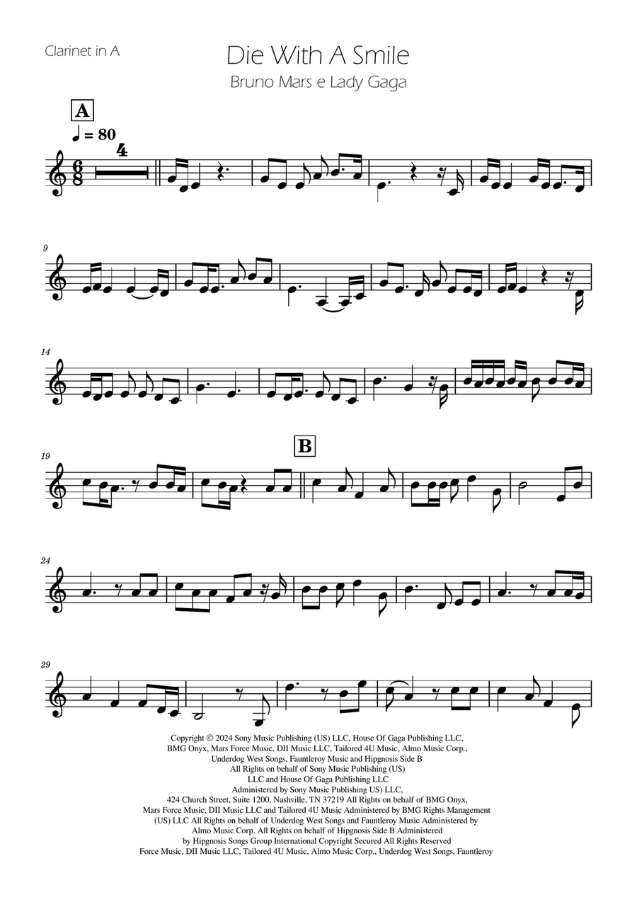Die With A Smile A Clarinet scores gallery preview page 1