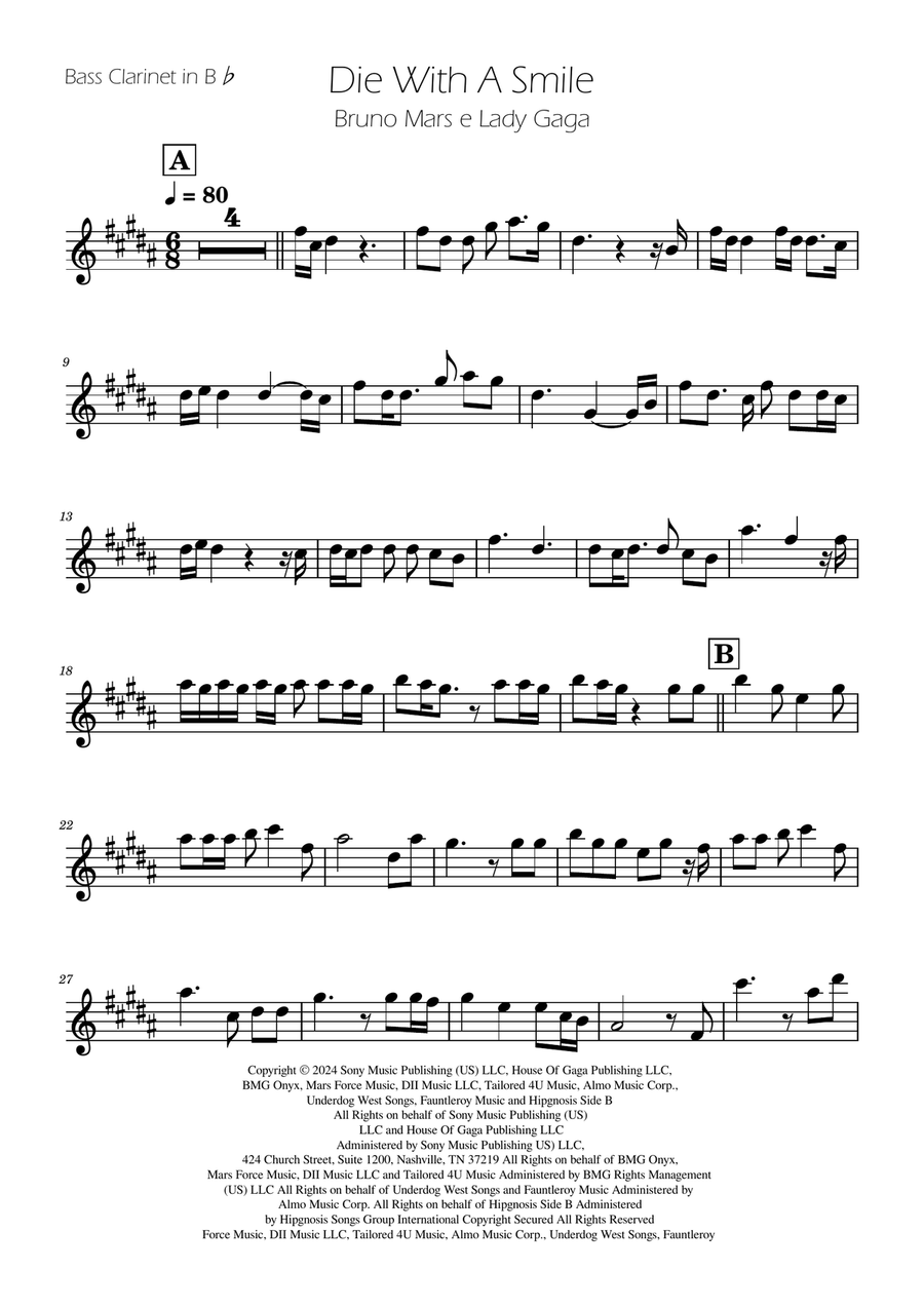 Die With A Smile Bass Clarinet scores gallery preview page 1