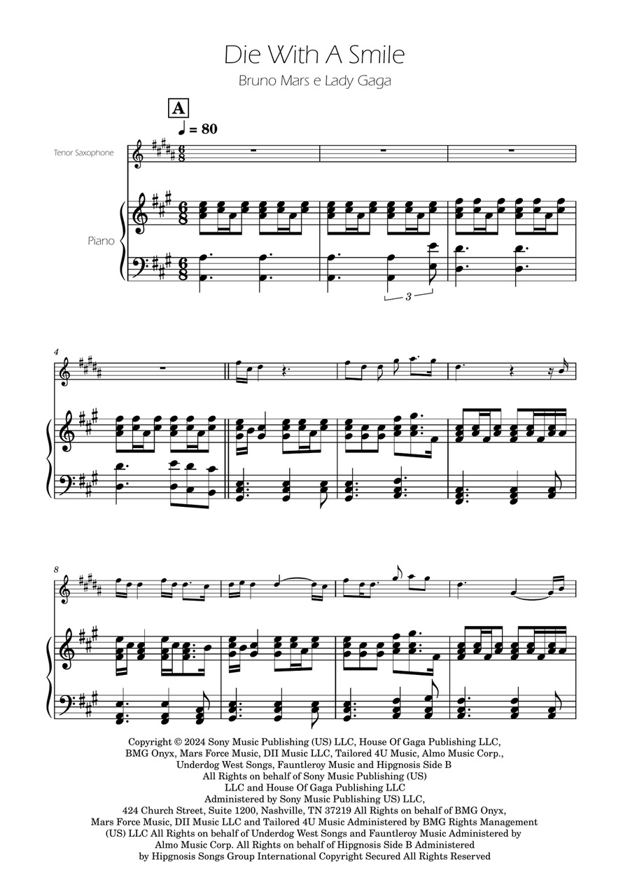 Die With A Smile Tenor Saxophone scores gallery preview page 1