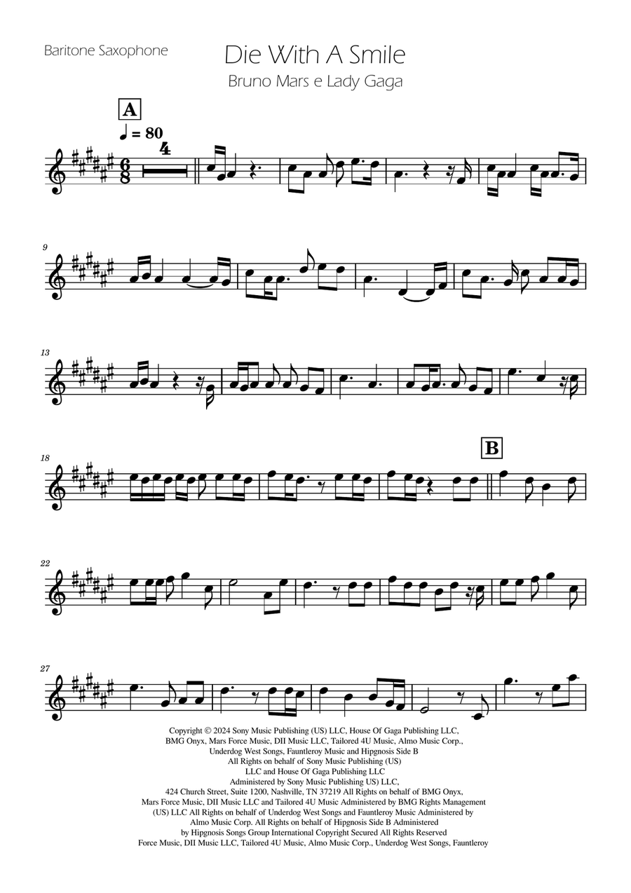 Die With A Smile Baritone Saxophone scores gallery preview page 1