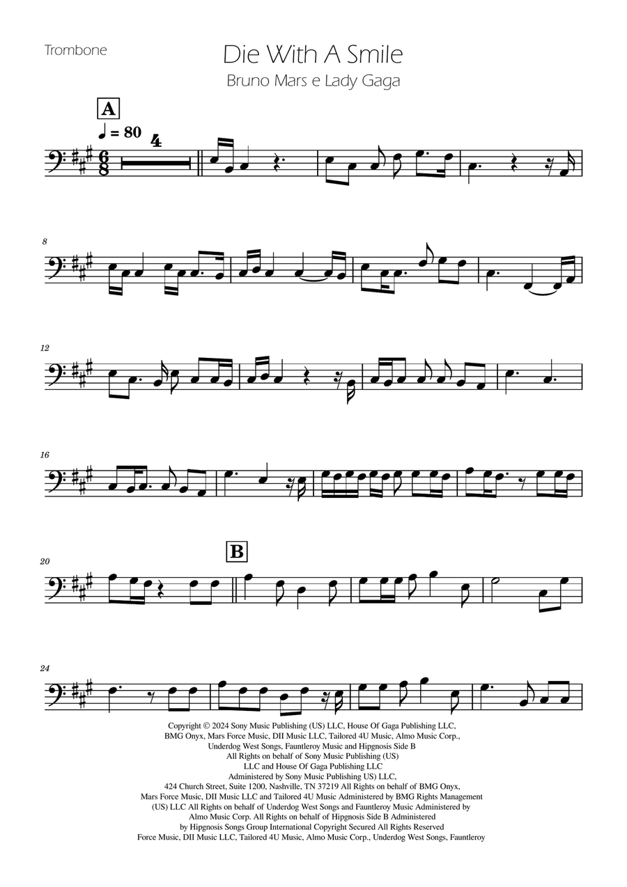 Die With A Smile Trombone Solo scores gallery preview page 1