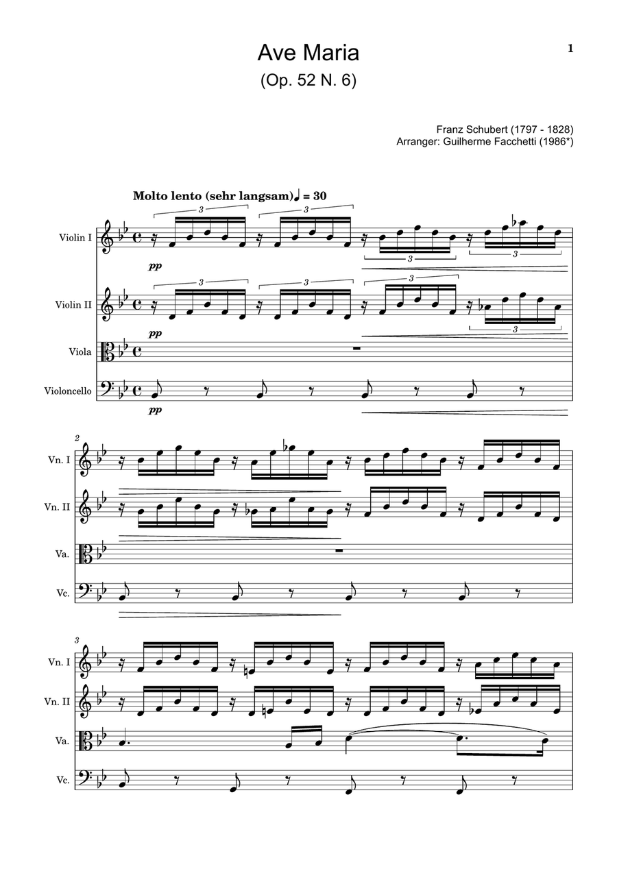 Ave Maria by F. Schubert – Arranged for String Quartet, Score and Parts String Quartet scores gallery preview page 1