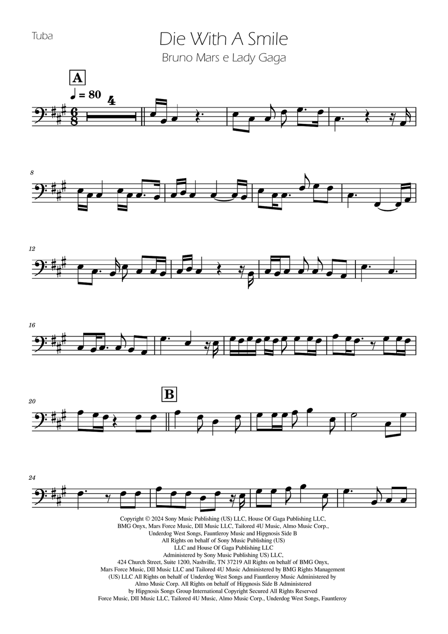 Die With A Smile Tuba scores gallery preview page 1