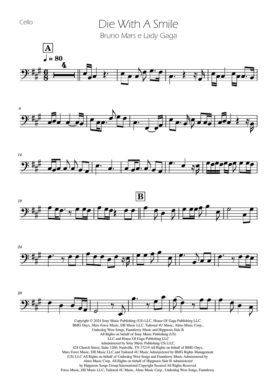 Die With A Smile Cello Solo scores gallery preview page 1