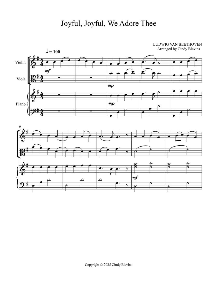 Joyful, Joyful, We Adore Thee, for Violin, Viola and Piano Violin scores gallery preview page 2