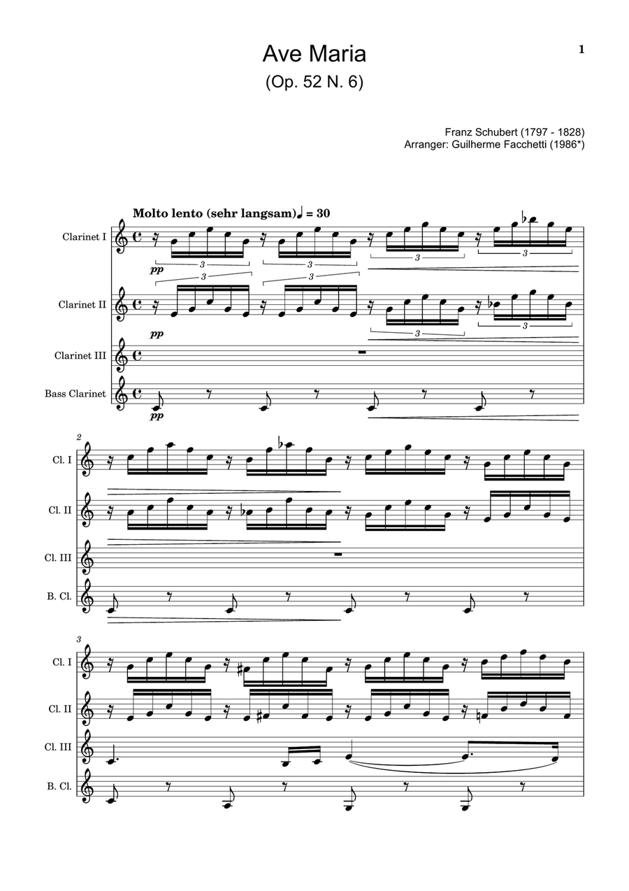 Ave Maria by F. Schubert – Arranged for Clarinet Quartet, Score and Parts Clarinet Quartet scores gallery preview page 1