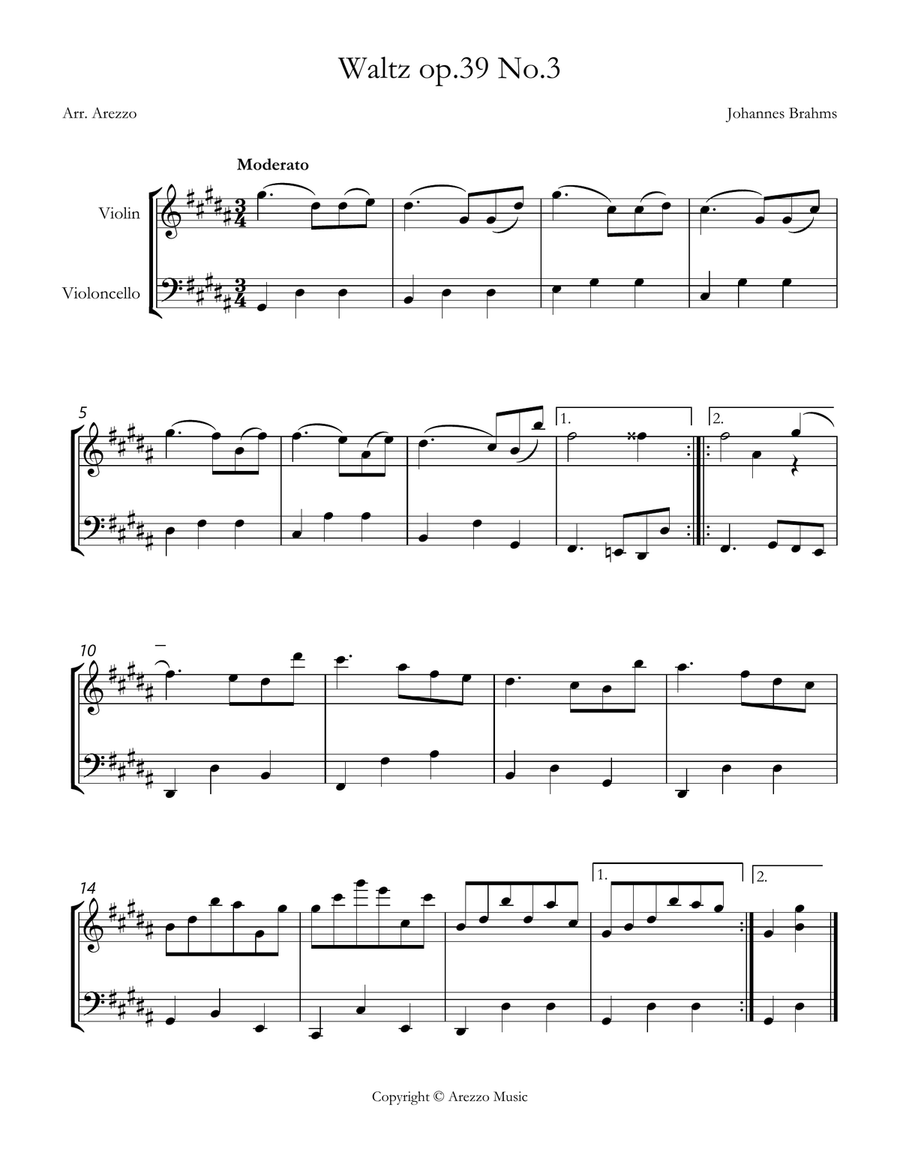 brahms waltz op 39 no 3 Violin and Cello sheet music String Duet scores gallery preview page 1