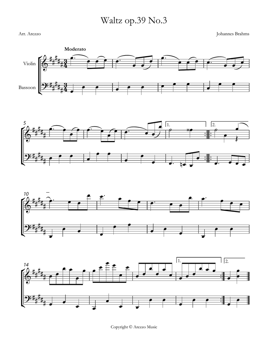 brahms waltz op 39 no 3 Violin and Bassoon sheet music Chamber Music scores gallery preview page 1