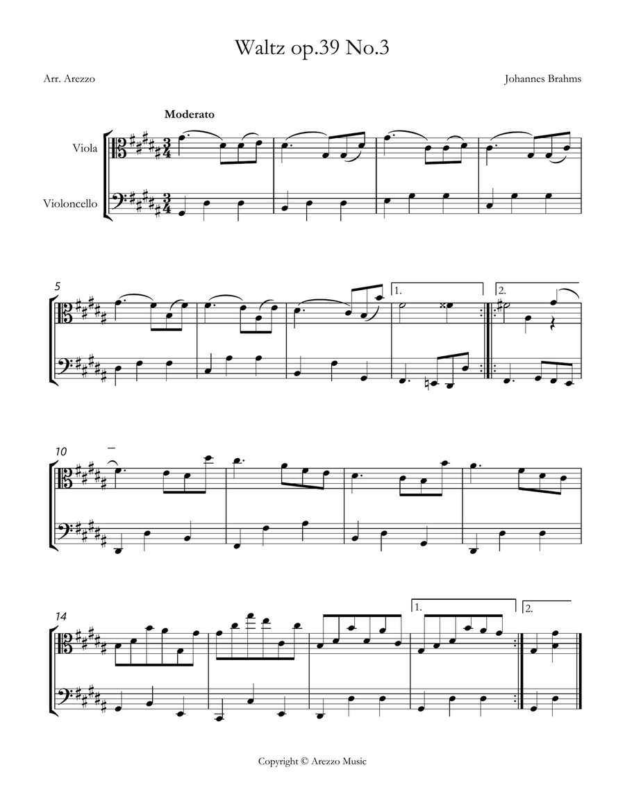 brahms waltz op 39 no 3 Viola and Cello sheet music String Duet scores gallery preview page 1