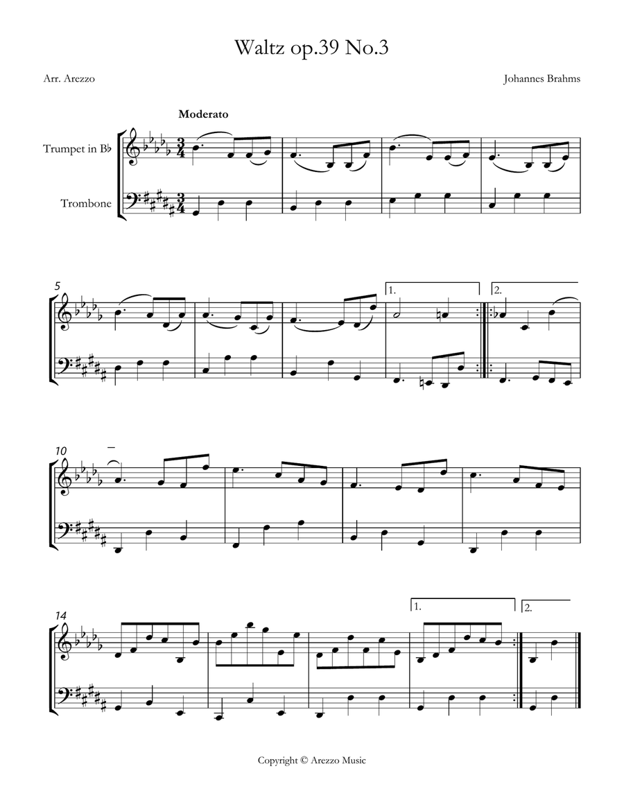 brahms waltz op 39 no 3 Trumpet and Trombone sheet music Brass Duet scores gallery preview page 1