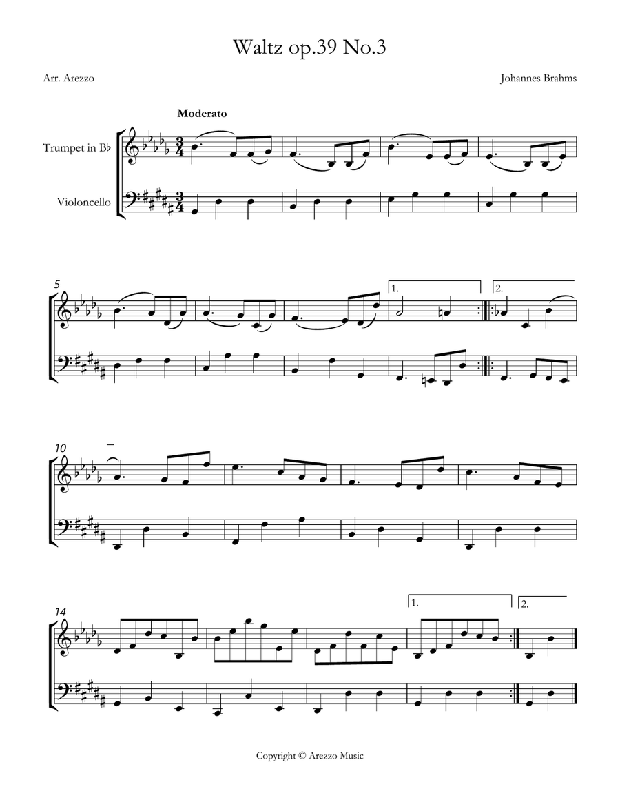brahms waltz op 39 no 3 Trumpet and Cello sheet music Chamber Music scores gallery preview page 1