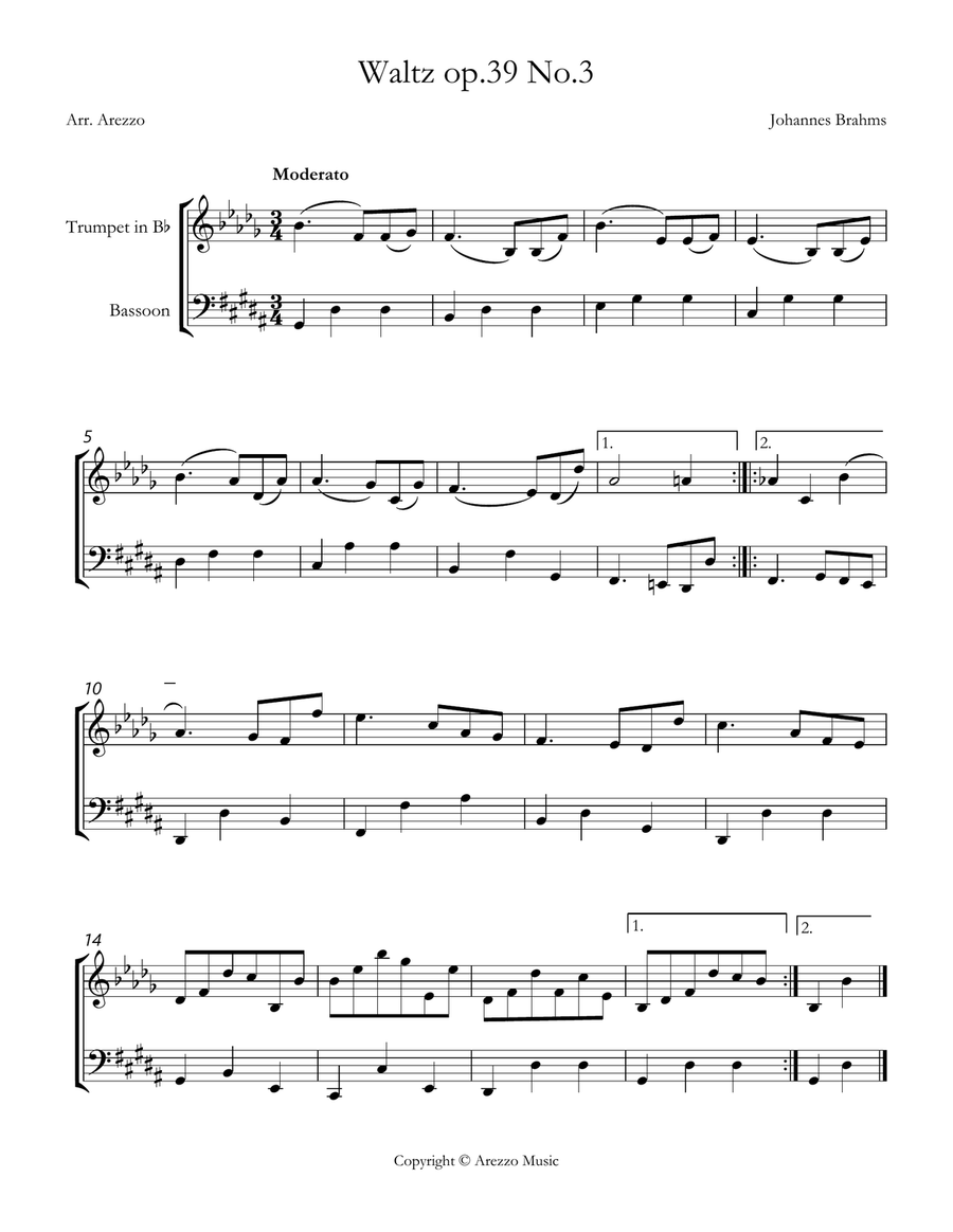brahms waltz op 39 no 3 Trumpet and Bassoon sheet music Trumpet Trio scores gallery preview page 1