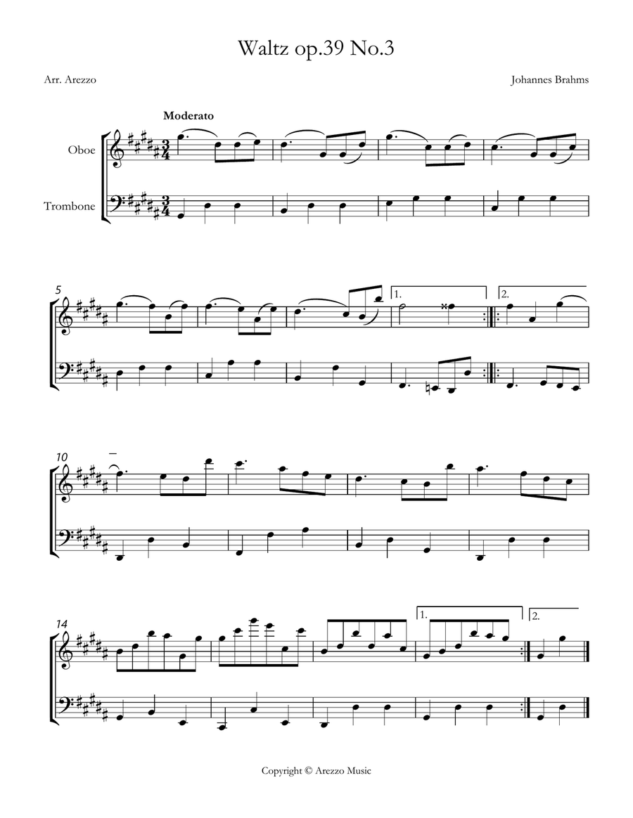 brahms waltz op 39 no 3 Oboe and Trombone sheet music Trombone Duet scores gallery preview page 1