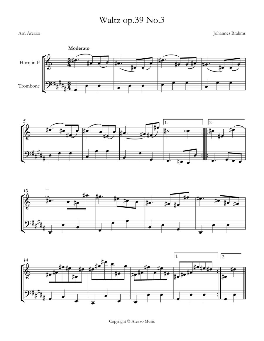brahms waltz op 39 no 3 French Horn and Trombone sheet music Brass Duet scores gallery preview page 1