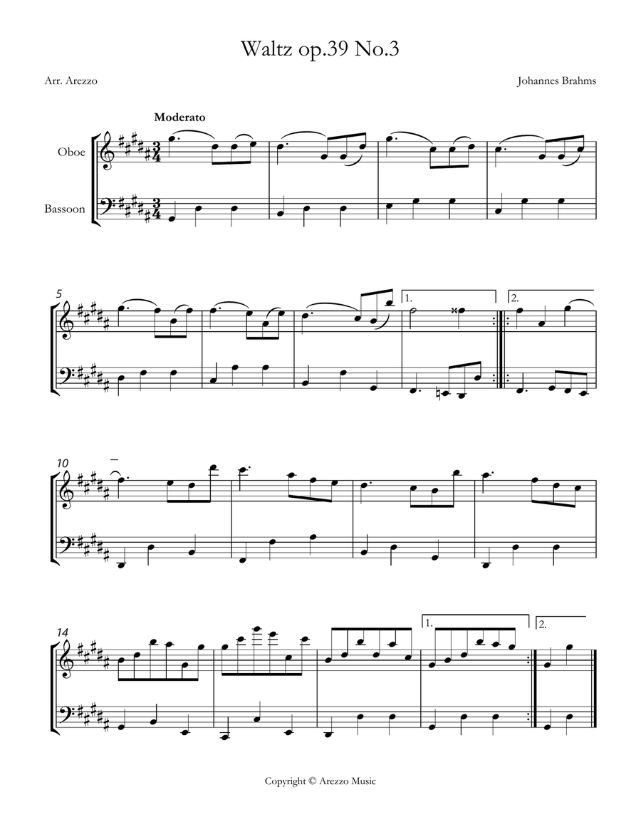 brahms waltz op 39 no 3 Oboe and Bassoon sheet music Woodwind Duet scores gallery preview page 1