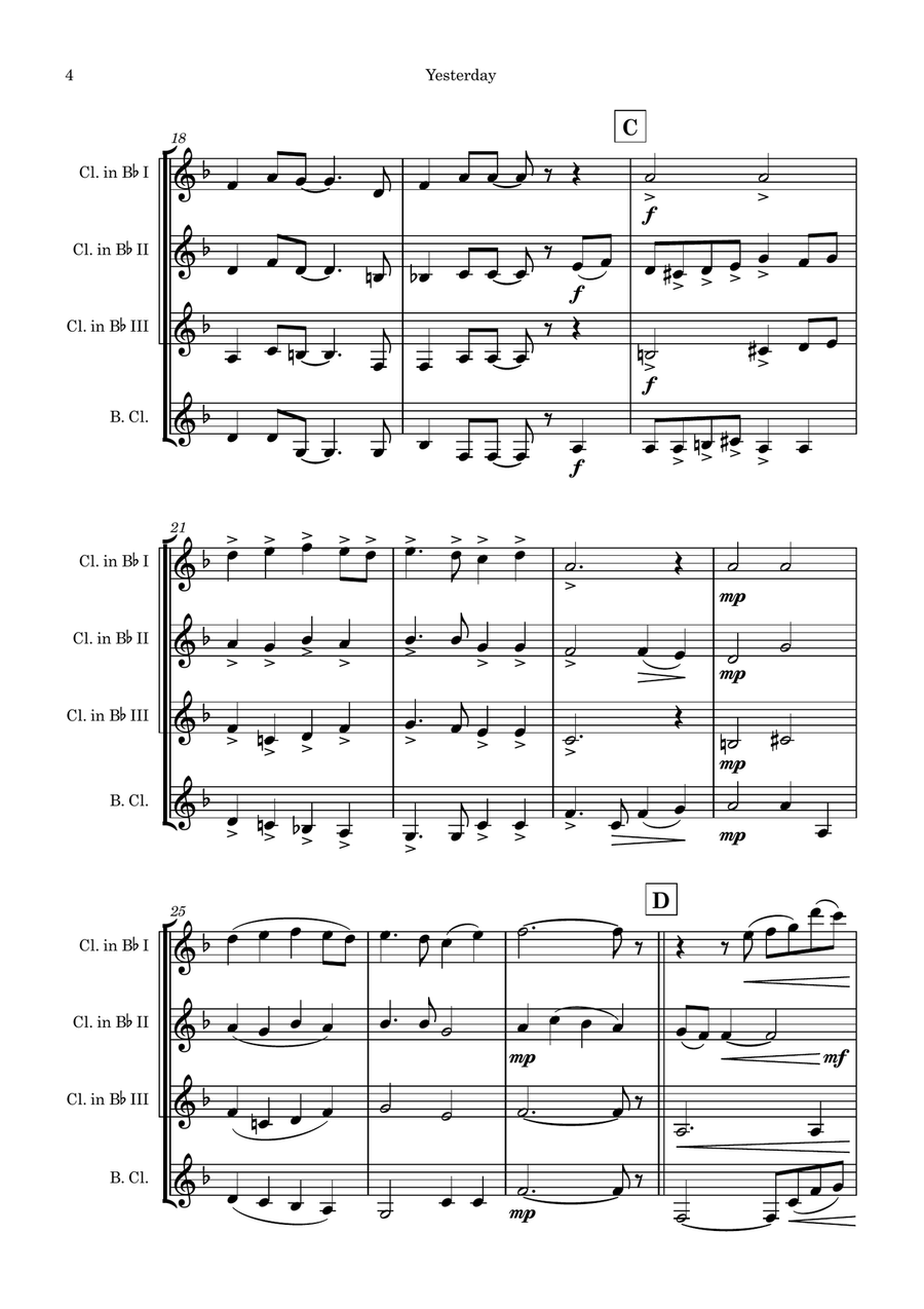 Yesterday Yesterday Clarinet Quartet scores gallery preview page 4