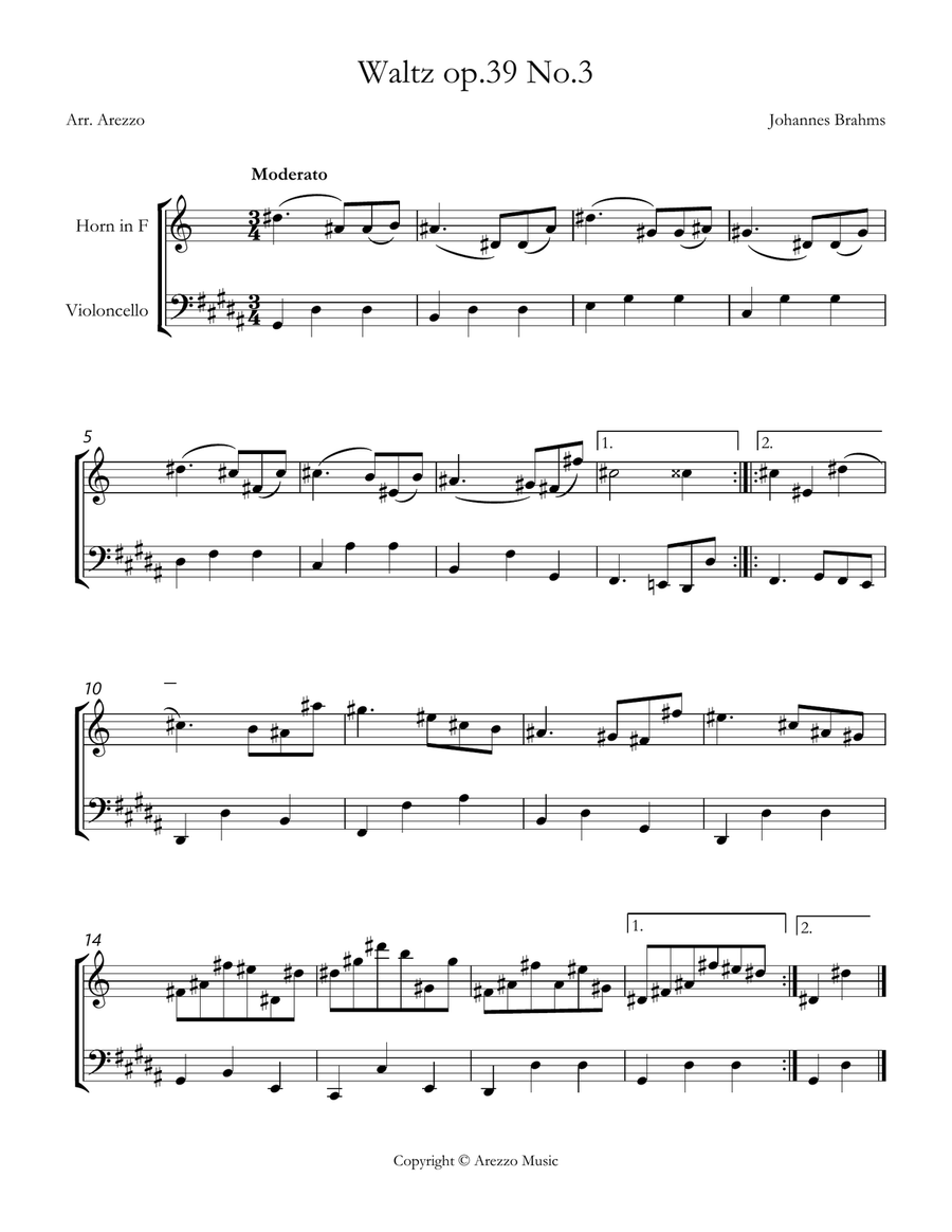 brahms waltz op 39 no 3 French Horn and Cello sheet music Chamber Music scores gallery preview page 1