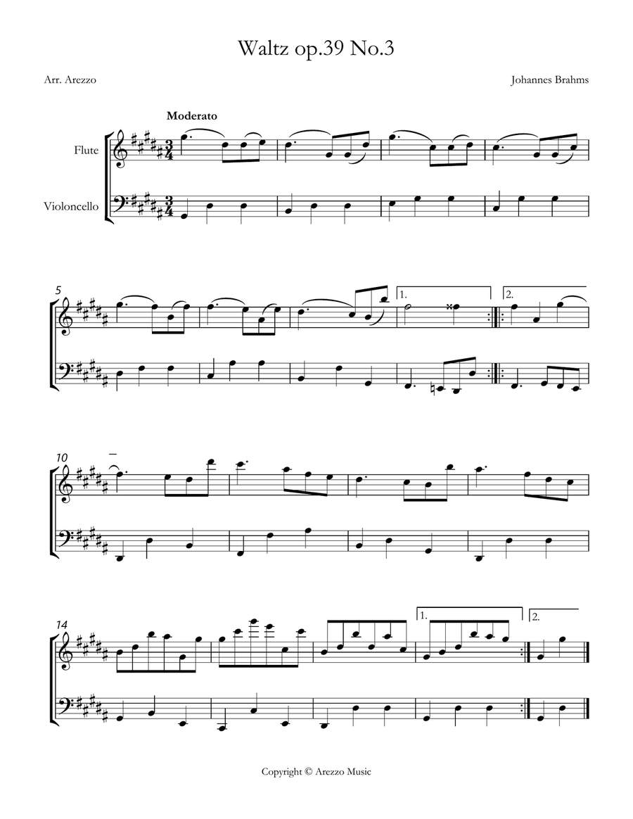 brahms waltz op 39 no 3 Flute and Trombone sheet music Chamber Music scores gallery preview page 1