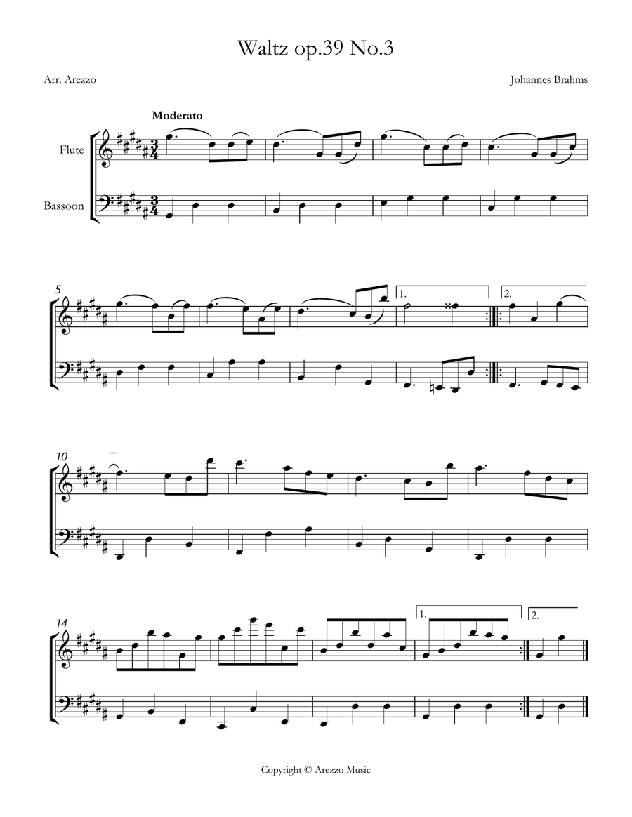 brahms waltz op 39 no 3 Flute and Bassoon sheet music Woodwind Duet scores gallery preview page 1