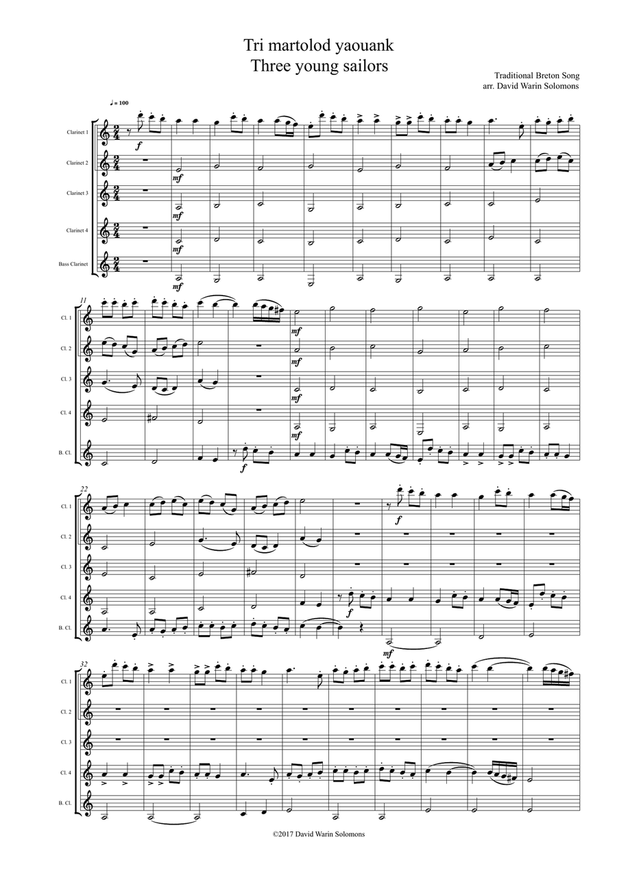 Tri Martolod Yaouank (Three young sailors) for clarinet quintet Clarinet Quintet scores gallery preview page 1