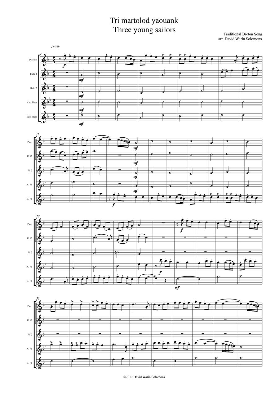Tri Martolod Yaouank (Three young sailors) for flute quintet (incl piccolo) Woodwind Quintet scores gallery preview page 1