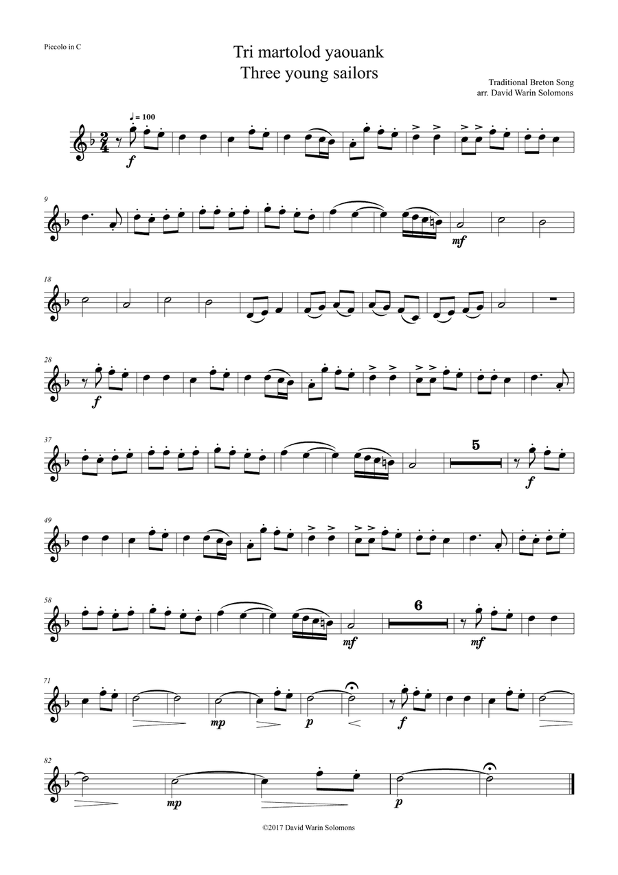 Tri Martolod Yaouank (Three young sailors) for flute quintet (incl piccolo) Woodwind Quintet scores gallery preview page 3