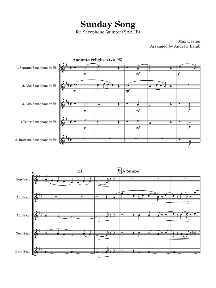 Max Oesten | Sunday Song | for Saxophone Quintet Saxophone Quintet scores gallery preview page 5