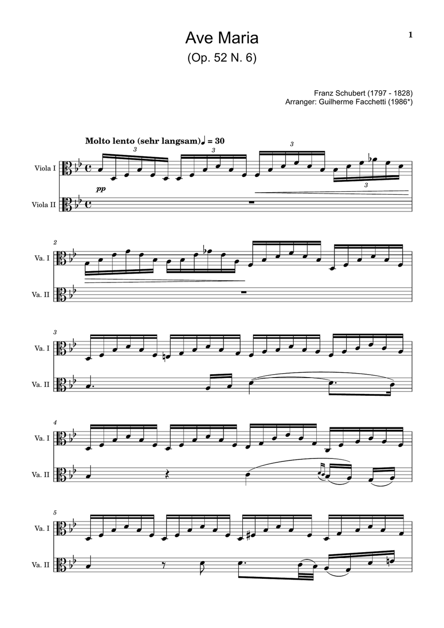 Ave Maria by F. Schubert – Arranged for Viola Duet. String Duet scores gallery preview page 1