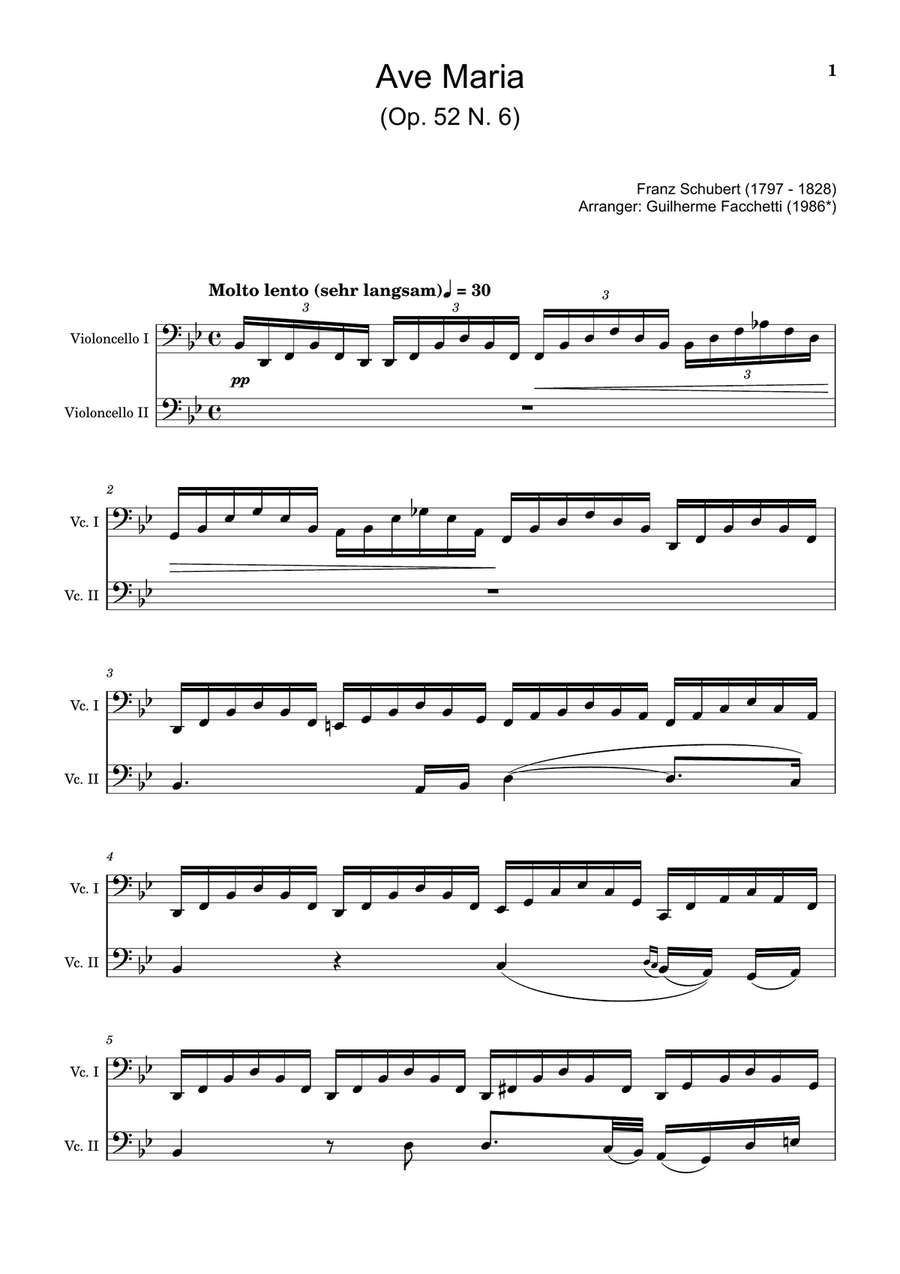 Ave Maria by F. Schubert – Arranged for Violoncello Duet. String Duet scores gallery preview page 1