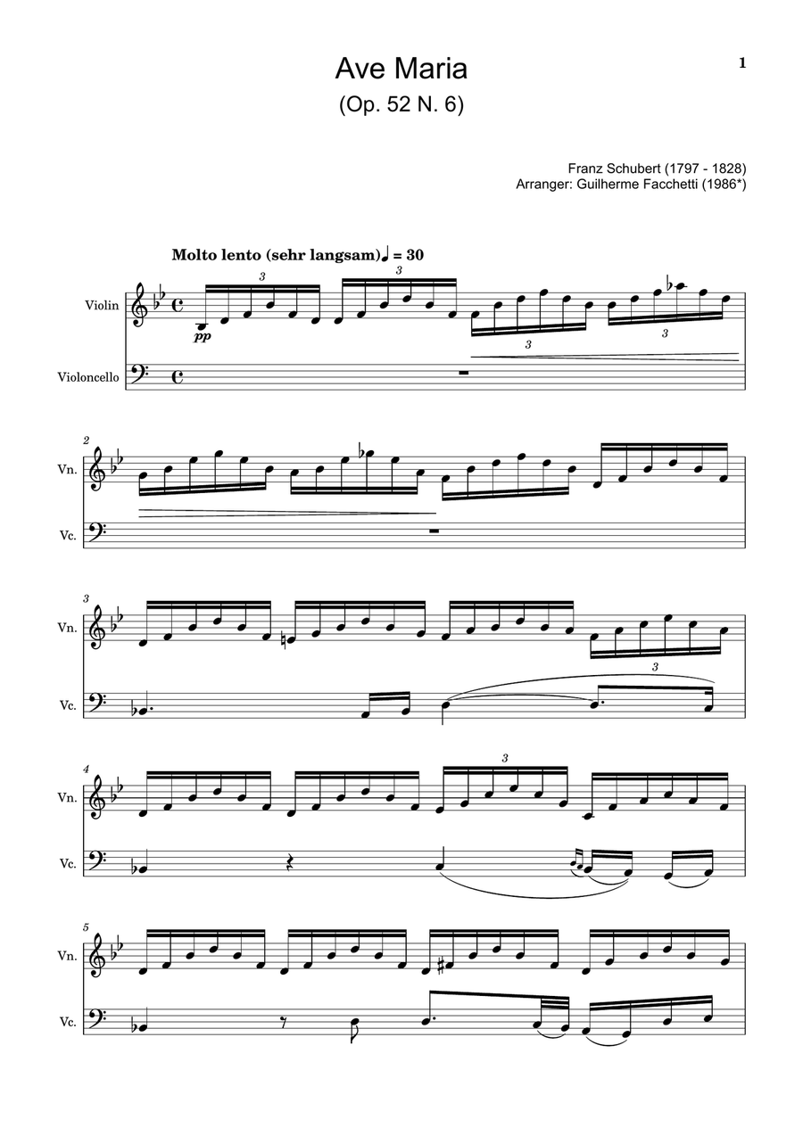 Ave Maria by F. Schubert – Arranged for Violin and Cello String Duet scores gallery preview page 1