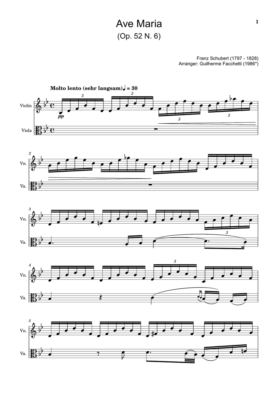 Ave Maria by F. Schubert – Arranged for Violin and Viola String Duet scores gallery preview page 1