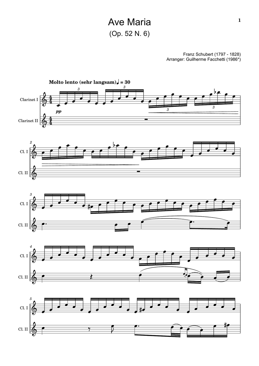 Ave Maria by F. Schubert – Arranged for Clarinet Duet. Clarinet Duet scores gallery preview page 1