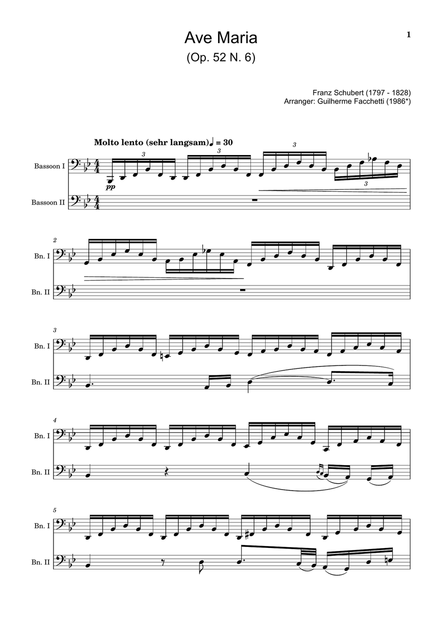 Ave Maria by F. Schubert – Arranged for Bassoon Duet. Woodwind Duet scores gallery preview page 1