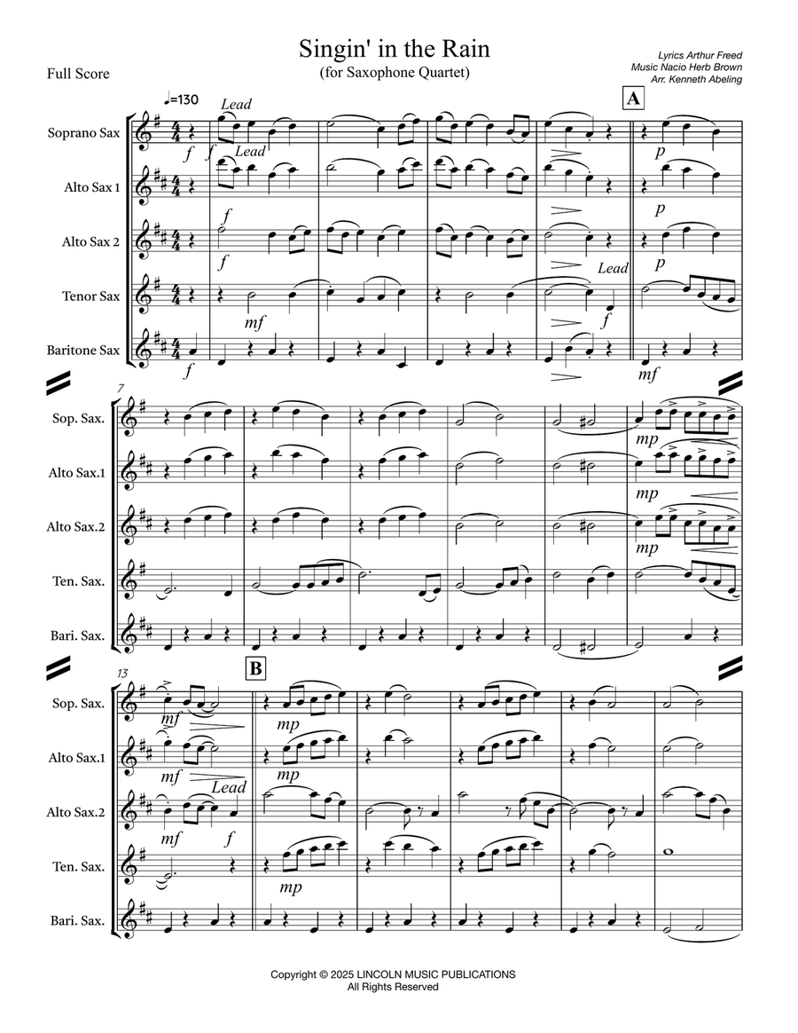 Singin’ in the Rain (for Saxophone Quartet SATB or AATB) Saxophone Quartet scores gallery preview page 2