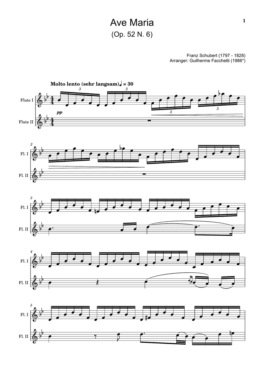 Ave Maria by F. Schubert – Arranged for Flute Duet. Flute Duet scores gallery preview page 1