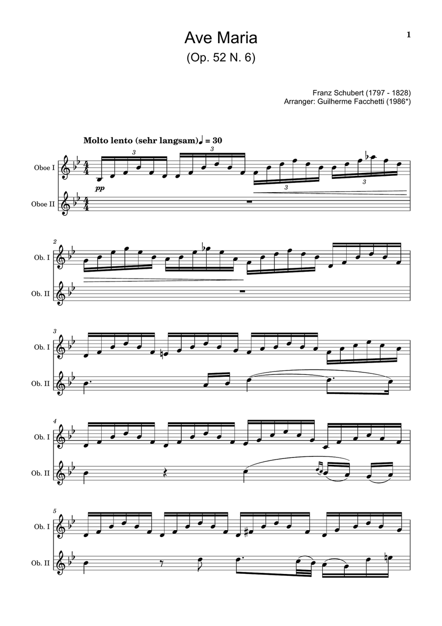 Ave Maria by F. Schubert – Arranged for Oboe Duet. Woodwind Duet scores gallery preview page 1