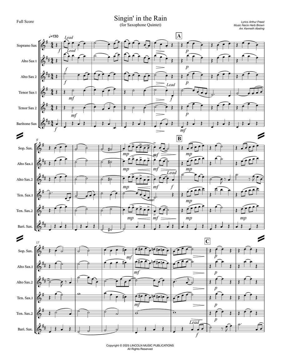 Singin’ in the Rain (for Saxophone Quintet SATTB or AATTB) Saxophone Quintet scores gallery preview page 2