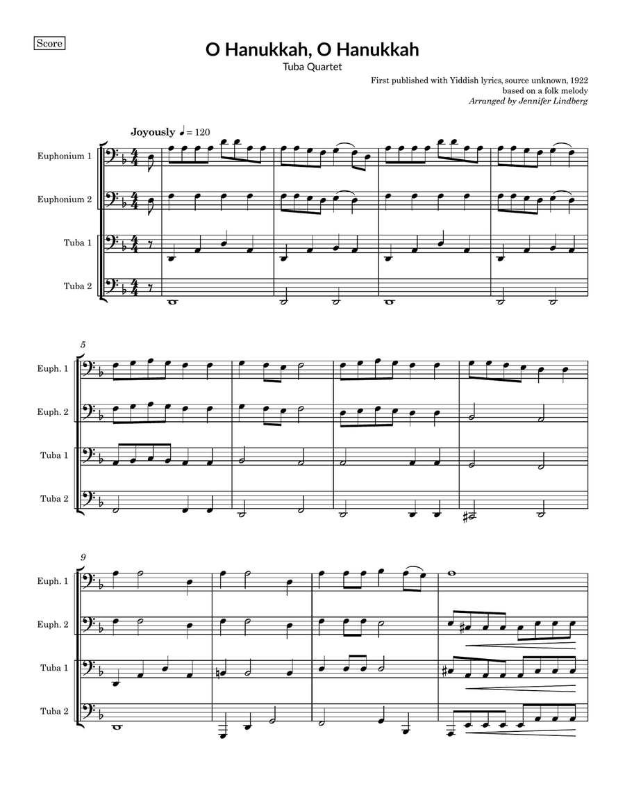 O Hanukkah, O Hanukkah for Tuba Quartet Brass Quartet scores gallery preview page 1