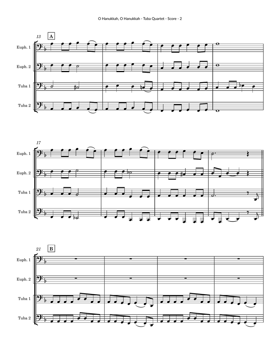 O Hanukkah, O Hanukkah for Tuba Quartet Brass Quartet scores gallery preview page 2