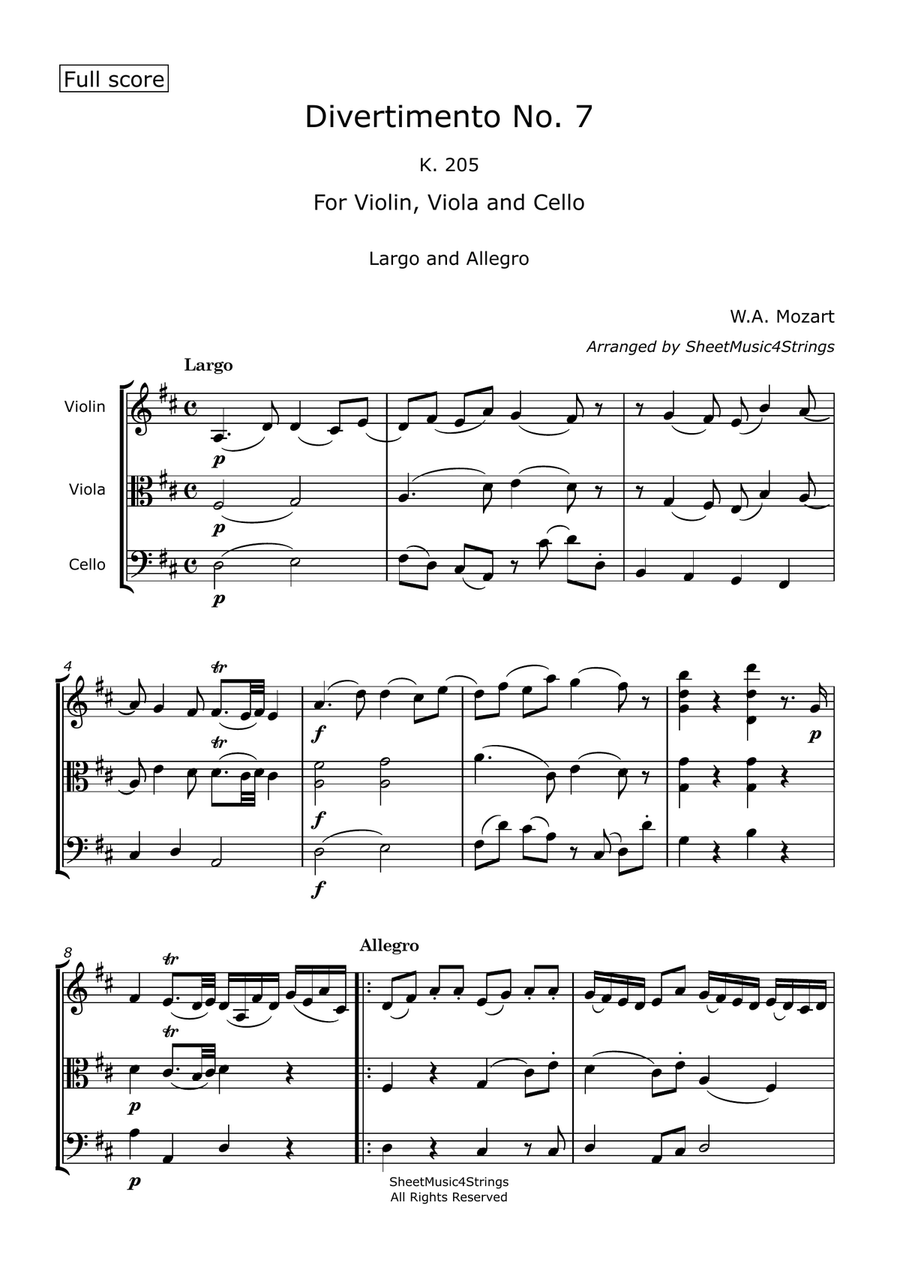 Mozart, W. A. - Divertimento No. 7, K. 205 Arranged for Violin, Viola and Cello String Trio scores gallery preview page 2