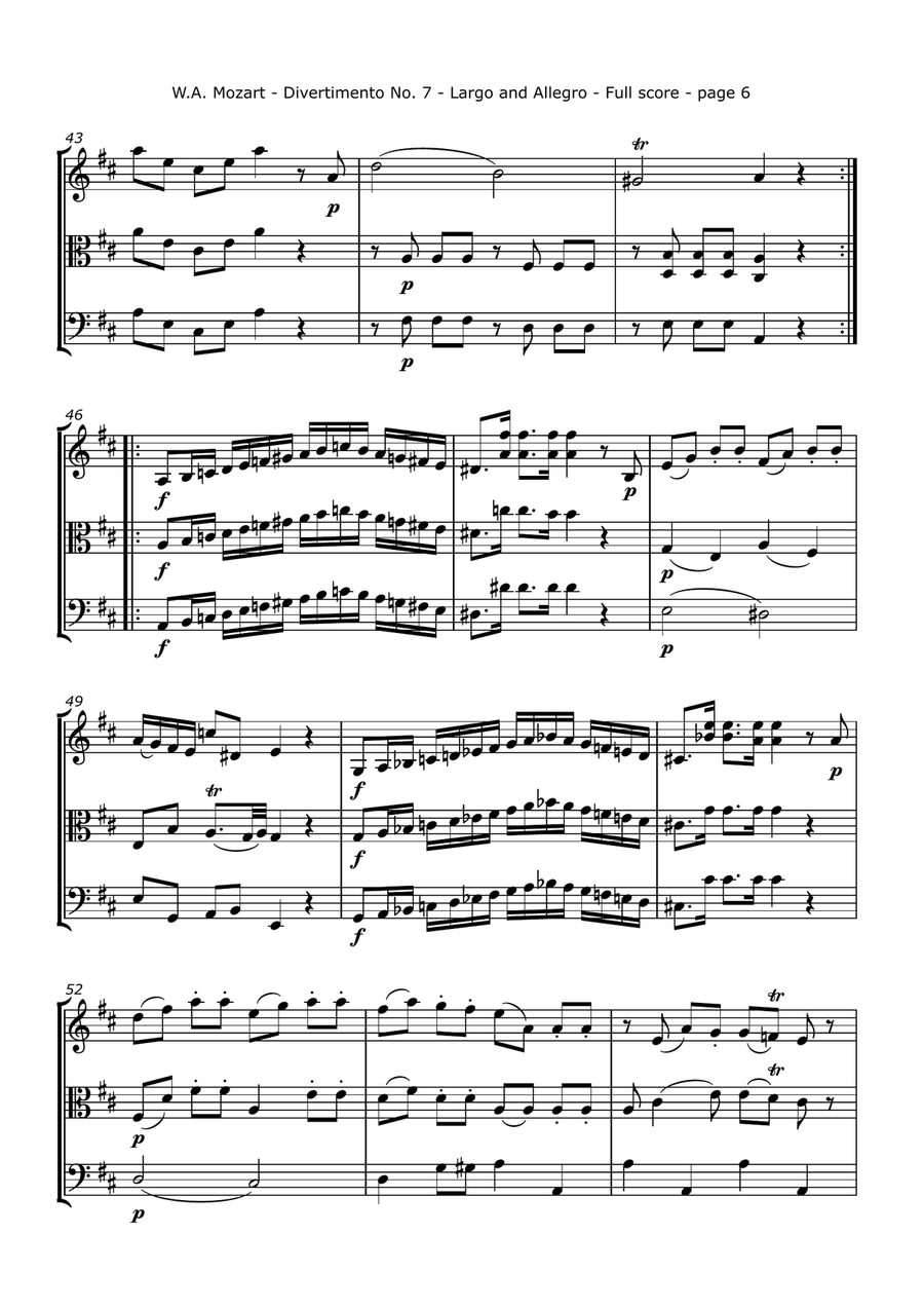 Mozart, W. A. - Divertimento No. 7, K. 205 Arranged for Violin, Viola and Cello String Trio scores gallery preview page 6